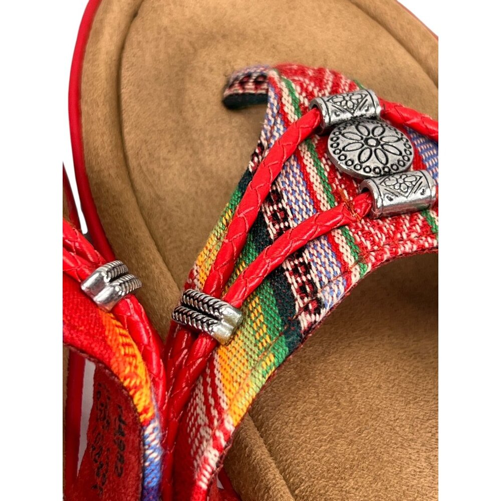 Minnetonka Red Leather Beaded Sandals Flip Flops Thongs 7M Womens Wedge Heel - Picture 8 of 12